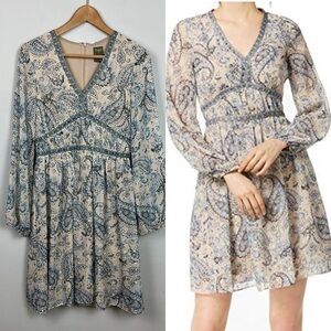 Taylor Paisley V- Neck Long Sleeve Metallic Dot Dress Sz 4